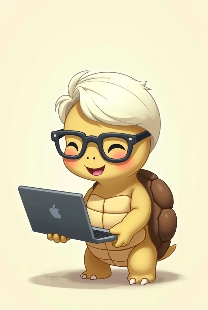 A turtle stands with a laptop in one hand, One hand points to the laptop,ふわふわのWell-organized白髪,Well-organized７３Short hair set in a part, wears black-rimmed glasses,Calm face,smile,The eyes are smiling and narrow,Cartoonization, まるでLike the logo,His eyes ar...