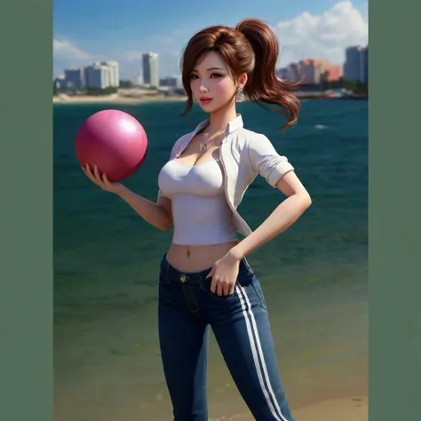  close-up of a woman in jeans and a jacket on the beach,  beautiful digital art ,ภาพBacklight, Backlight, Women with unusual beauty,Glowing Body ,Pink body, สวยงามrealistically,   Asian look , , white skin like enamel ,  brown eyes , Thick eyebrows,  , bea...