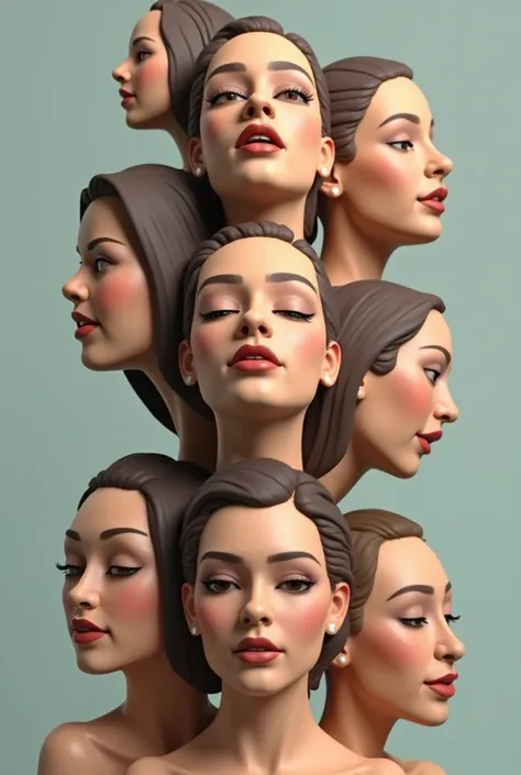 Realistic artwork images of multiple floating heads and faces of celebrity women, different sizes, 3d collage style, make it weird and gallery worthy