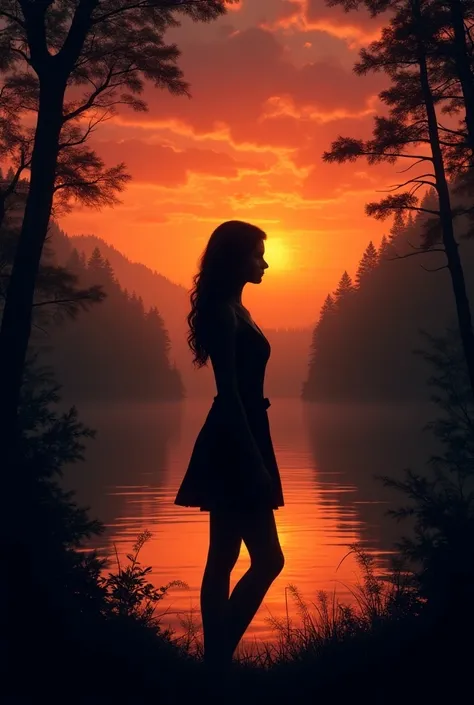 Black silhouette of a woman.
in the background a sunset (On a lake in a forest )