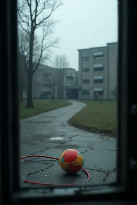 From the window view of a schoolyard gray and lonely Very dark atmosphere There is a colorful ball and a jump rope in the schoolyard