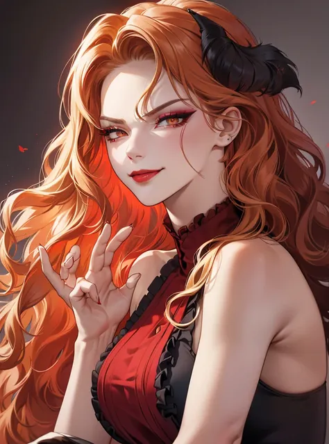 Masterpiece, ultradetailed face, portrait, dynamic angle, dark colors, detailed shading, ((heavy makeup)), ((red fit dress)), skinny, ((angry eyes)), ((smiling)), ((long wavy hair)), wolf cut, red lips, blonde hair, pale skin, sexy pose