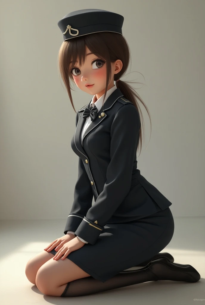 (photorealism:1.2), realistic little young girl with a tight stewardess costume kneeling 