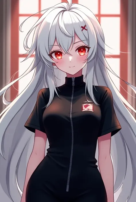  create a profile picture for YouTube from a VTuber channel with the character in the middle with long white hair with the right side of the bangs combed back and the left side combed forward and half messy, The character has red eyes wears a black outfit ...