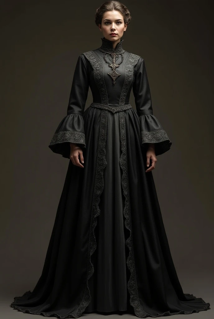 a medieval-inspired gown, featuring intricate detailing and a rich, elegant design. The dress is predominantly dark grey . The long sleeves are flared, with ornate patterns around the cuffs, echoing the luxurious embellishments along the borders of the gow...