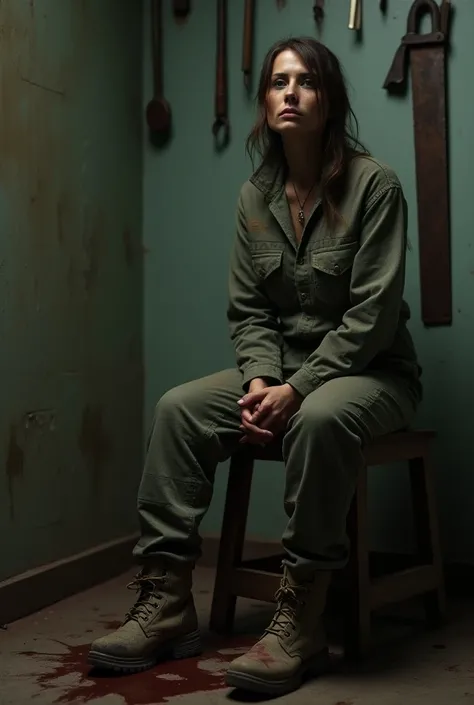 A woman of about 35 years old with an expressionless face is sitting on a stool in the center of a gloomy basement.,  with concrete walls and rusty tools hanging .  He wears a dirty work jumpsuit and heavy boots . Around you,  there are blood stains on the...