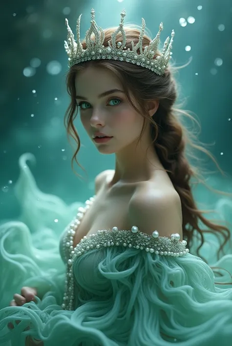  Brown-haired braided woman , white skin, green eyes,  wearing a dress made of water decorated with pearls and seaweed, a beautiful crown a head  