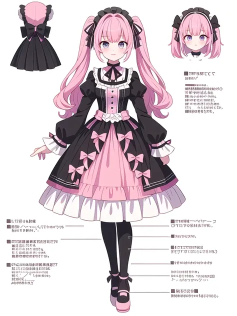 (((Best Quality))) , ((full body)), female, reference sheet, solo, (white background), lolita fashion, teddy bear, two-tone hair, black and pink hair,
