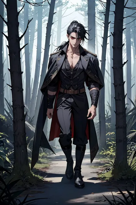 a mysterious and handsome young man (he is a captivating and masculine looking pirate), (his hair tied in a low ponytail, black ...