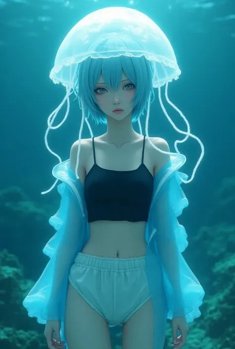 Game Style、Neutral face、 light blue short hair、Pale eyes、large transparent jellyfish headgear、Umbilical cord、Black tube top、translucent blue outerwear 、 translucent white shorts、In the sea