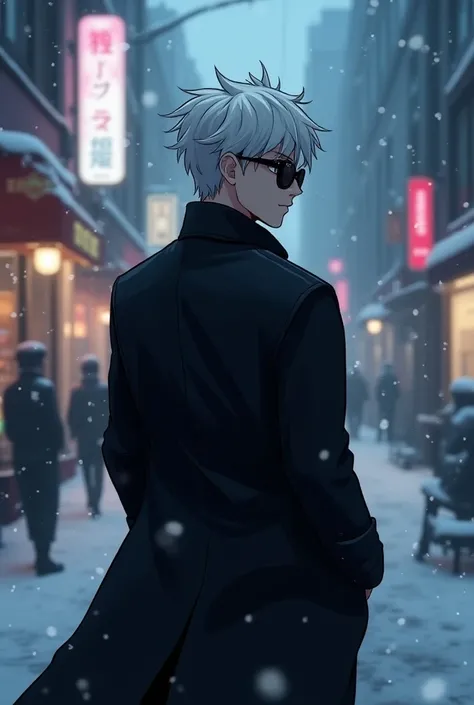 a stylish young man with sharp silver hair , And wearing a black overcoat and dark glasses walking backwards for those who see
 On a illuminated street, soft falling snow anime animation, realistic cyberpunk