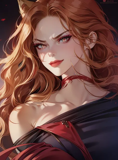 Masterpiece, ultradetailed face, portrait, dynamic angle, dark colors, detailed shading, ((heavy makeup)), ((red fit dress)), skinny, ((angry eyes)), ((smiling)), ((long wavy hair)), wolf cut, red lips, blonde hair, pale skin, sexy pose