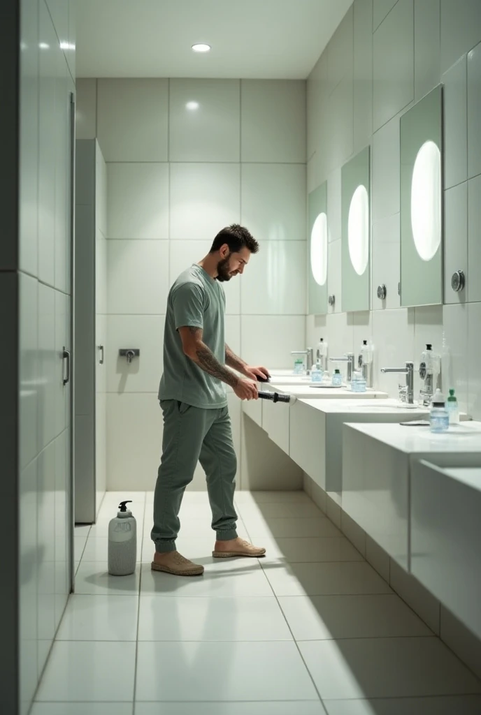 Messi 
 Cleaning the family friendly public bathroom 


