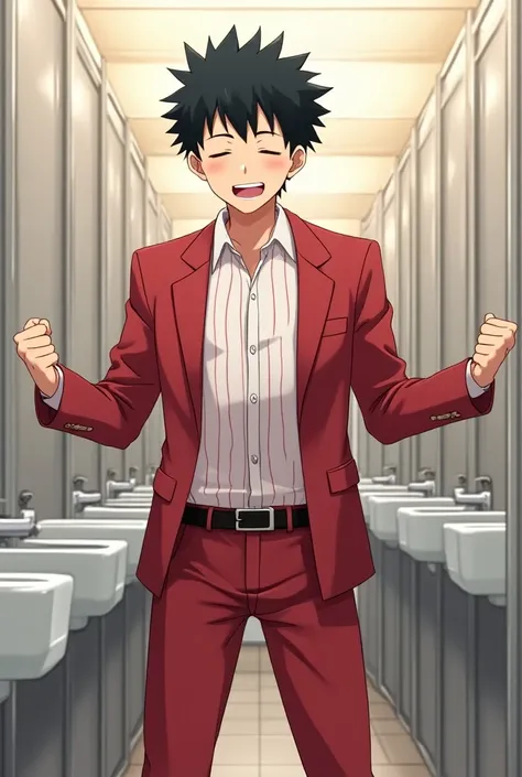 A 14-year-old teenage man in a red suit , a white shirt with red lines and a black belt throwing a red (1) boxer briefs(boxer briefs)  in the work bathroom trash with both hands and a cheerful and relieved expression with a sense of being without underwear...