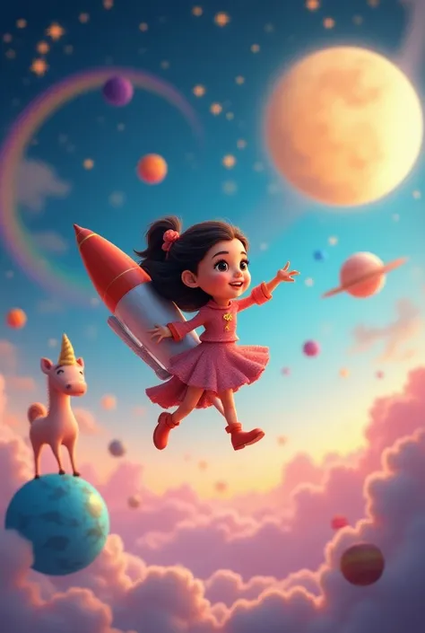  Disney style 3D girl ,  holding a toy rocket ,  flying through a beautiful and colorful universe, surrounded by planets , stars, the sun, a lua e muitas stars.   Scene with a magical and adventurous touch like a movie scene ,  very colorful and fanciful a...