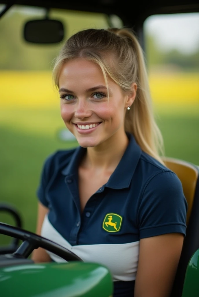 Heres a Midjourney prompt to recreate the provided image:

Photorealistic portrait of a beautiful young woman with blonde hair in a ponytail, Large Tractor John Deere fair skin, and light freckles, sitting in a green tractor. Shes wearing a dark blue and w...