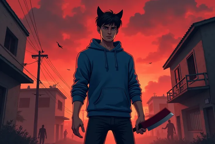 Young brown man, tan skin, blue hoodie with fake cat ears, black jeans with a battle pose and a red machete in his hand with a poor neighborhood in ruins and silhouettes of zombies in the distance with a blood red sky and clouds black