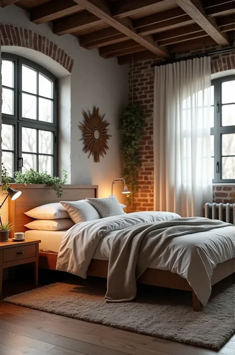  Create with win picture of a mixed style industrial and hygge bedroom with a bed,  two bedside tables , Bedside rug ,  a small table ,  curtains and low decoration  