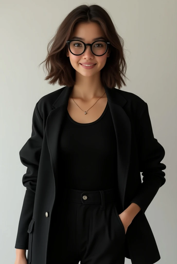 A girl with wavy hair 2c brown skin wears glasses black cargo pants black top and jacket And a beautiful smile