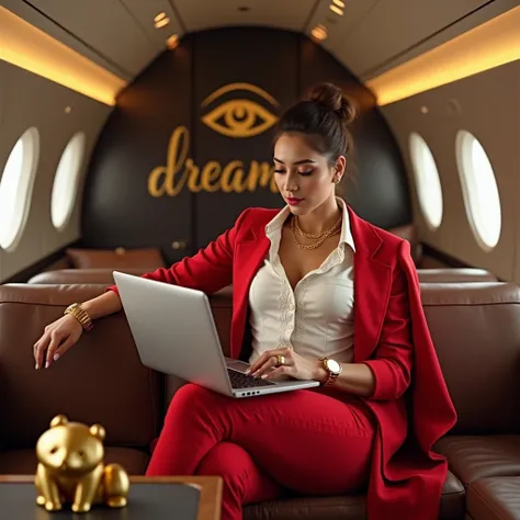  a boss girl wearing  nice white embrodary  shirt  and red coat and red pents looks so precious in one hand golden watch  and one hand nice golden bracelet  seating on private planes couch working on laptop wearing  and behind him in wall write " dreamy" w...