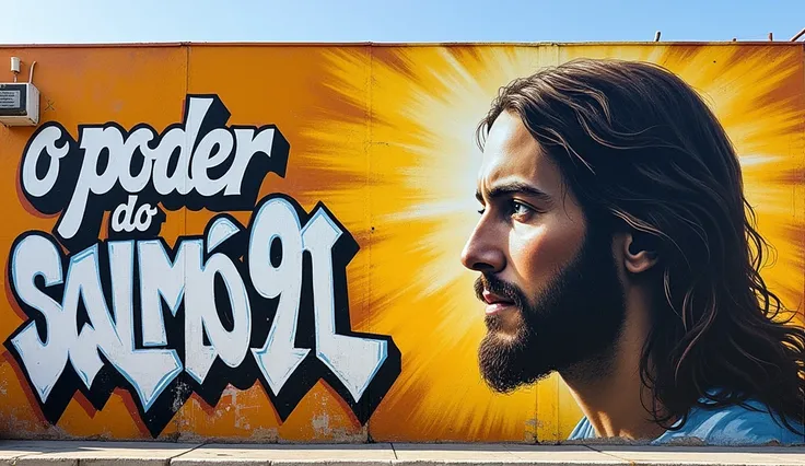 create a graffiti image that says “O poder do salmo 91" on a large wall, an image of Jesus on the right side of the image. On the left side the text, with white and yellow colors. write in Portuguese