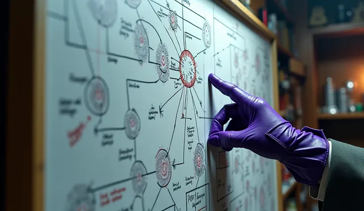 Close-up of the whiteboard in Ríotrixs lair, displaying a chaotic plan with multiple strategic points marked. Ríotrixs hand, wearing a pointed purple glove, is pointing to a specific location. Detailed diagrams, handwritten notes, and schematics are visibl...