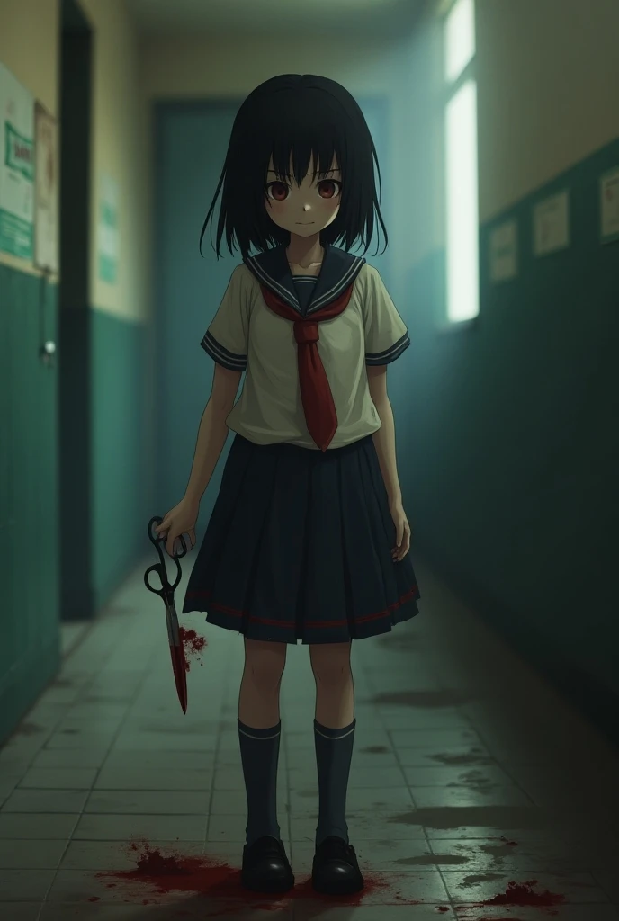  A girl in a messy school uniform is standing in the corridor of an abandoned school.  She holds a pair of bloody scissors in one hand ,  while small drops of blood fall to the ground . His expression is innocent, but her gaze is disturbing ,  with a faint...