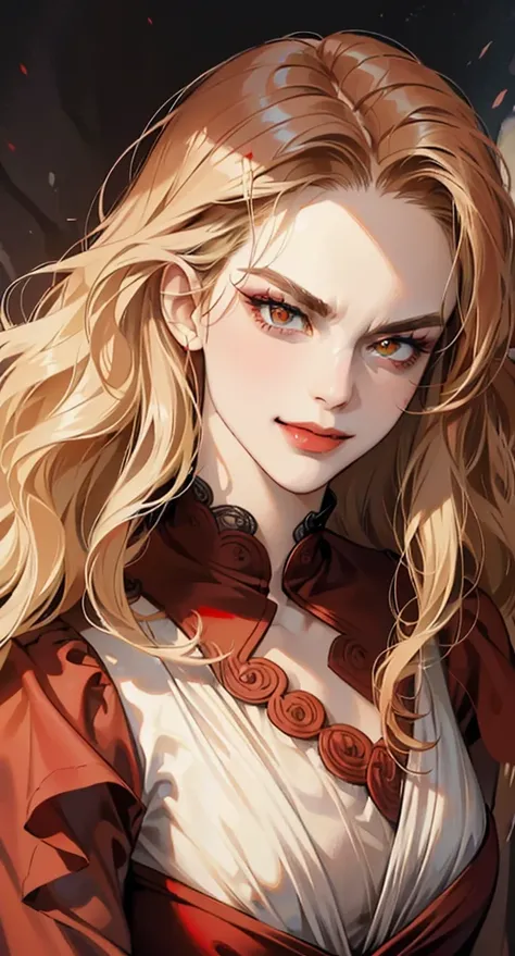 Masterpiece, ultradetailed face, portrait, dynamic angle, dark colors, detailed shading, ((heavy makeup)), ((red fit dress)), skinny, ((angry eyes)), ((smiling)), ((long wavy hair)), wolf cut, red lips, blonde hair, pale skin, sexy pose