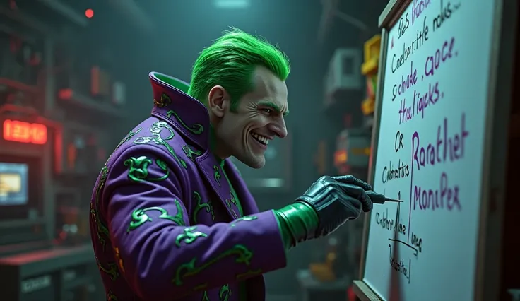 Mid-shot of Ríotrix gazing intently at the whiteboard with a determined and malicious smile. His bright green hair and extravagant purple and green suit stand out in the gadget-filled lair. Focused lighting on Ríotrix, casting shadows that enhance his figu...