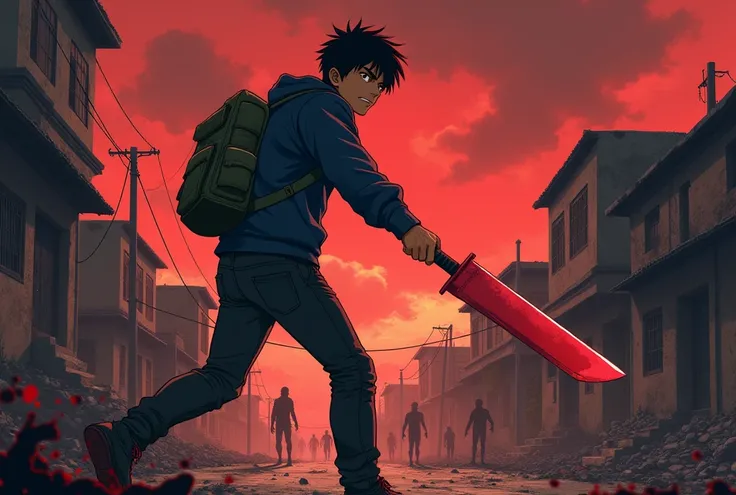 Realistic Anime, Young brown man, tan skin, green backpack, dark blue hoodie, black jeans with a battle pose and a red long machete in his hand with a poor neighborhood in ruins and silhouettes of zombies in the distance with a blood red sky and clouds bla...