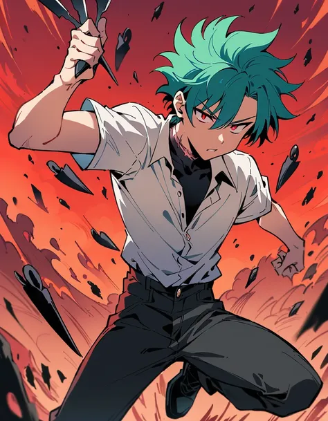 Male Teenager ,solo, white button down shirt, black undershirt, black jean pants, black shoes, teal hair, scar neck , red eyes, sninster look, masterpiece, best quality, hell, red sky, holding knifes, throwing knifes