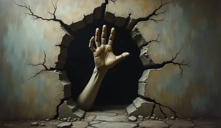  Painting of a macabre hand on an old wall , surrounded by cracks and mysterious shadows ,  highlighting the surrealism and disturbing aspect of the work.