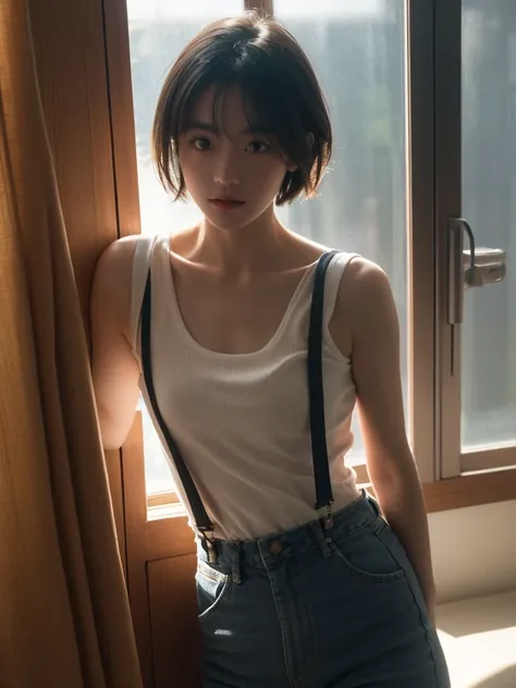  masterpiece, Ultra-high resolution, original photo, 1 girl, cute，Suspenders， Dark environment, Deep shadows, Unobtrusive, A ray of sunlight shines through the window onto my face, front， short hair，Movie Light，Top quality