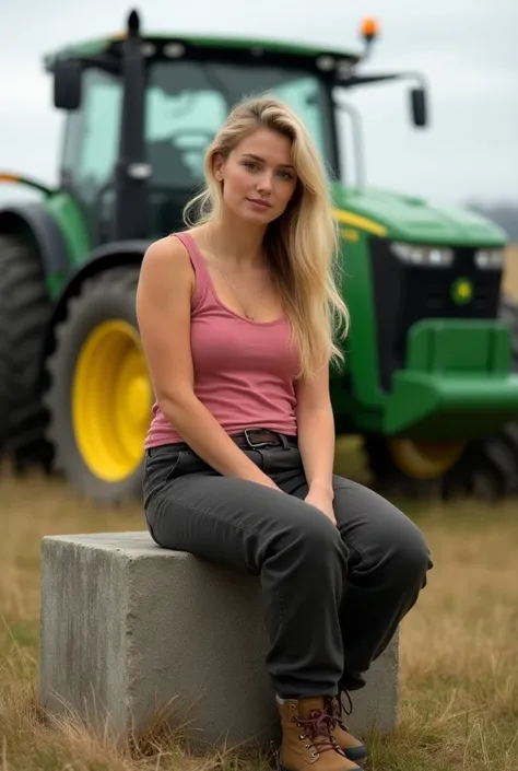 A young blonde woman with long hair sits casually on a concrete block in front of a large green tractor in a field. She wears a pink tank top and dark work pants, hiking boots. The sky is overcast.  Photorealistic, natural lighting, shallow depth of field....