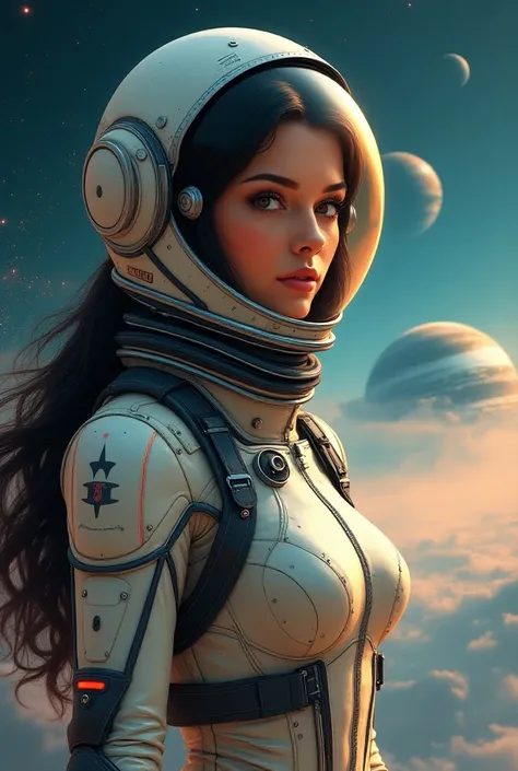 Sexy female astronaut, The atmosphere of the illustrations is like from SCI Fi movies from the 50s. A scene from a space movie