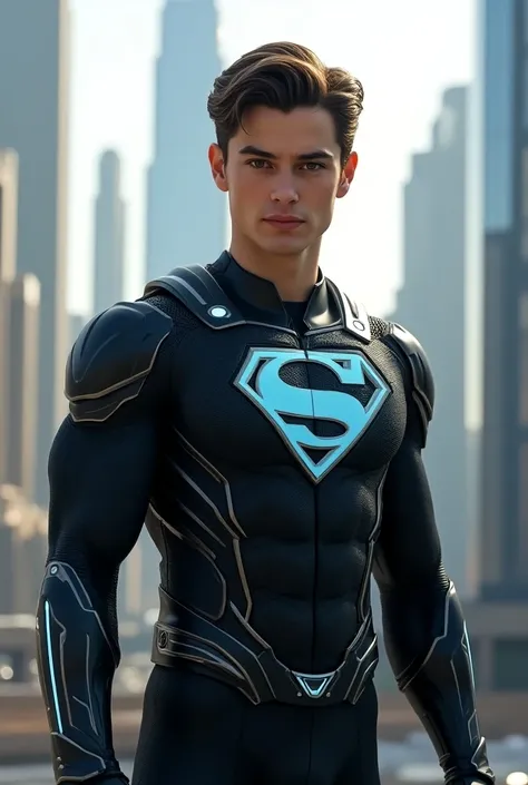 Supergirls teenage son, wearing a futuristic costume with the house symbol El.