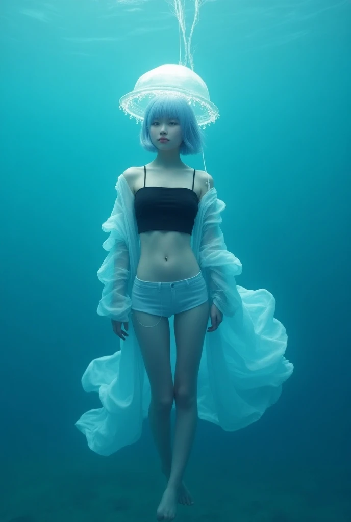 Neutral face、 light blue short hair、Pale eyes、large transparent jellyfish headgear、Umbilical cord、Black tube top、translucent blue outerwear 、 translucent white shorts、Floating、In the sea