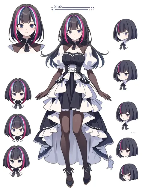 (((Best Quality))) , ((full body)), female, reference sheet, solo, (white background), frill, holding stuffed toy,  (streaked hair,)
