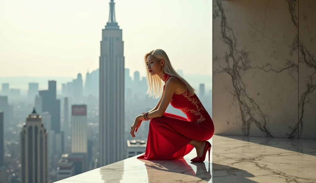 an asian woman, attractive body wearing a short qipao dress, red cheongsam, simple bench, crouching seductively with her leg crossed, brutalist marble room, balcony, sitting by railing on balcony, high rise balcony, skyline, portrait, platinum blonde hair,...