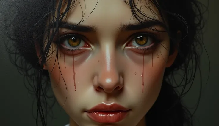  Close-up of a woman crying in a classic-style painting, but with eyes that seem to follow the viewer .  The woman has an expression of deep sadness ,  with almost realistic tears that seem to flow from the canvas .