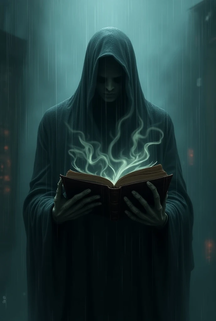 Scary horror image of a ghost man holding a story book in the rainy dark night