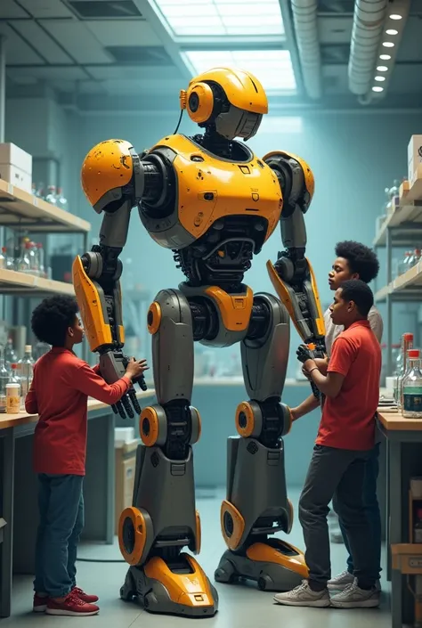 American ren  , Afros  ,  Asians and Indians  ,  assembling a multi-piece robot ,  against the background of a laboratory of the same 