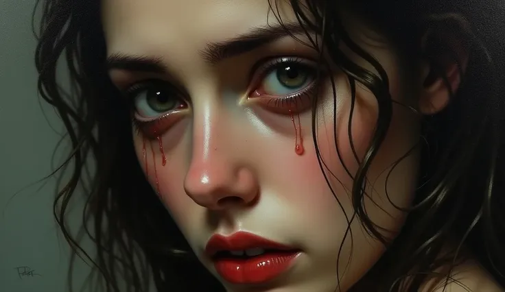  Close-up of a woman crying in a classic-style painting, but with eyes that seem to follow the viewer .  The woman has an expression of deep sadness ,  with almost realistic tears that seem to flow from the canvas .