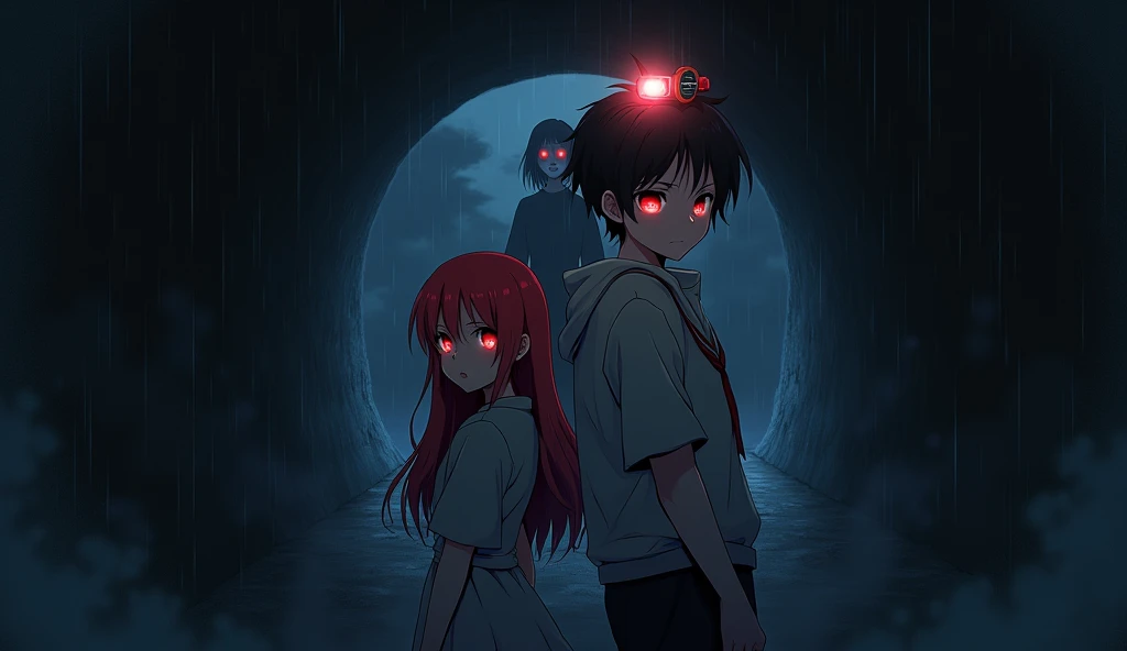 I want a 4K anime-style image with a protagonist with slightly messy black hair, blood-red eyes, that the protagonist is wearing a student outfit and has a girl next to him with red hair, red eyes, is wearing a student outfit, too, the weather is kind of s...