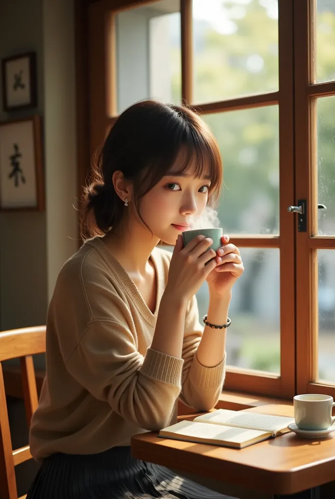 picture a cozy café nestled in the heart of kyoto, where a young japanese woman enjoys a leisurely afternoon. the light through ...