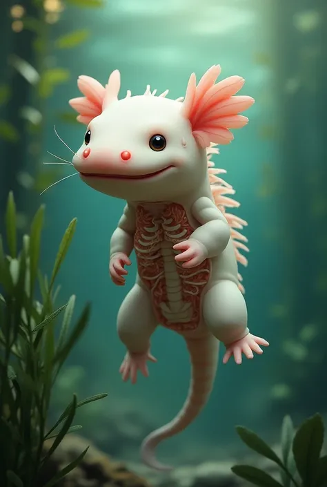  Make a sequence of images where the first one shows an axolotl and in the end its anatomy is transformed at your convenience where you tell a bibliography, about 4-5 context images  