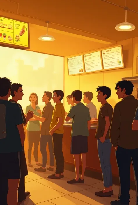 A realistic illustration , Kinematics,  with a yellowish setting :  a real scene from A line of people waiting for service at a fast food counter,  with expressions of impatience .