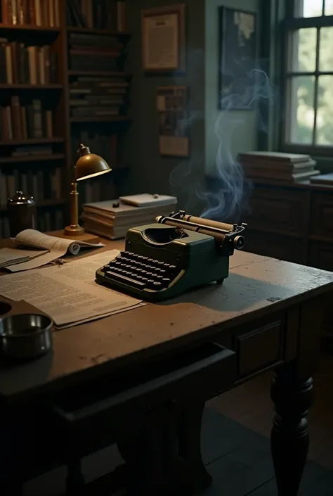 A table with an old typewriter , ashtray,  cigarette and smoke in a 1970s newspaper room