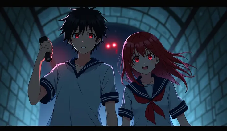 I want a 4K anime-style image with a protagonist with slightly messy black hair, blood-red eyes, that the protagonist is wearing a student outfit and has a girl next to him with red hair, red eyes, is wearing a student outfit, too, the weather is kind of s...