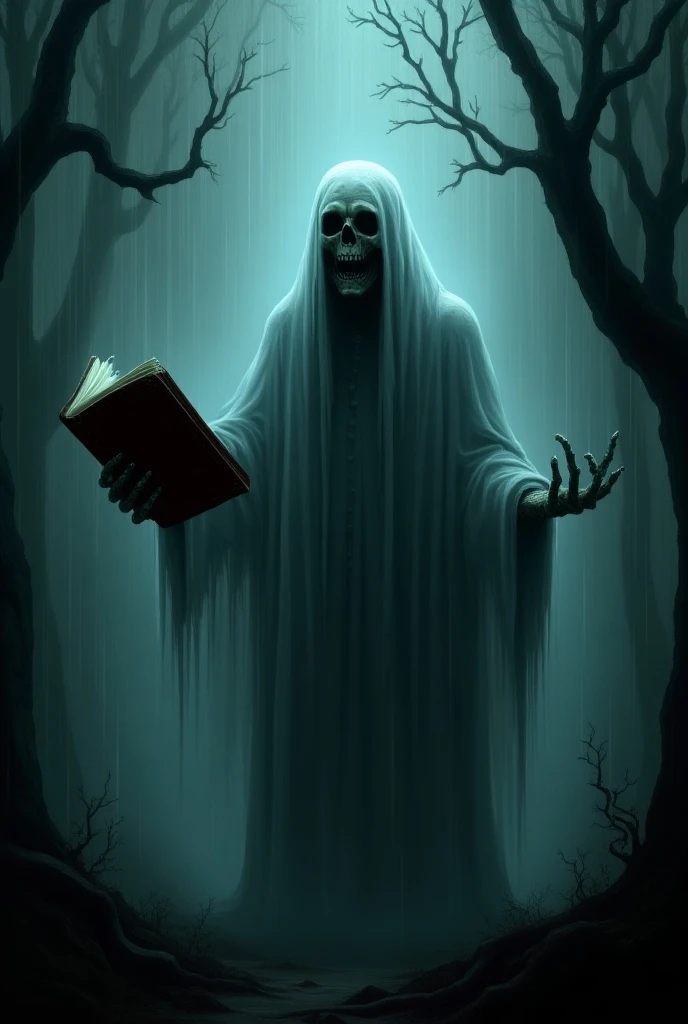 Scary horror image of a ghost man holding a story book in the rainy dark night in middle of the forest